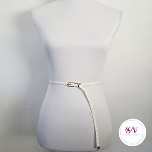 White thin braided belt with gold buckle